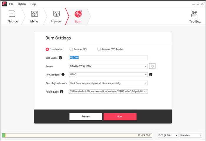 Wondershare DVD Creator Burning Settings