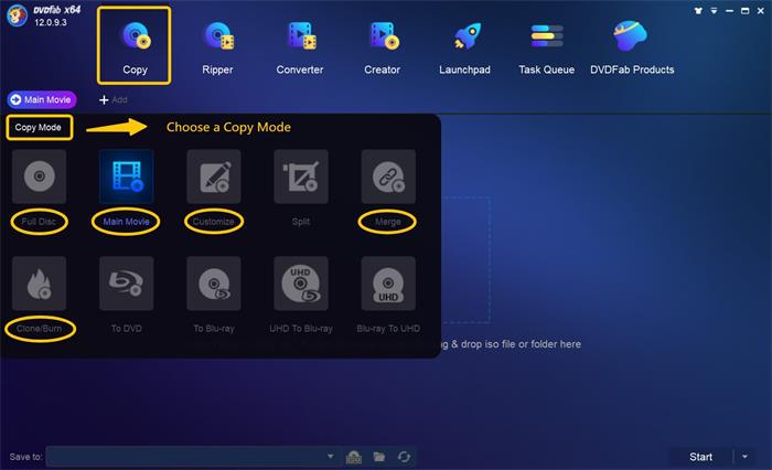 DVDFab Blu-ray Copy Selectable Copying Modes